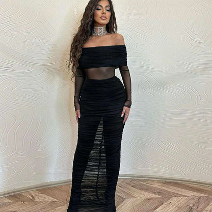 Women's Mesh See Through Mini Bodycon Dress, Black, Monochromatic, Long Sleeve, Party Club Clothing, Spring