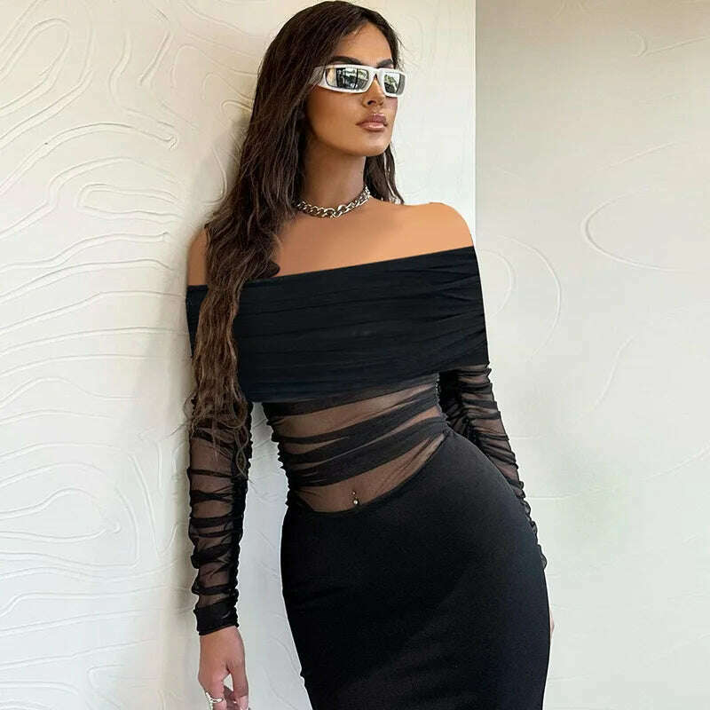 Women's Mesh See Through Mini Bodycon Dress, Black, Monochromatic, Long Sleeve, Party Club Clothing, Spring