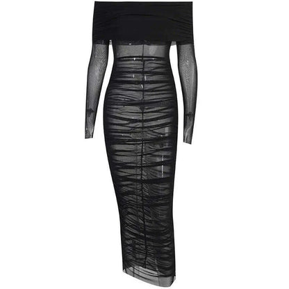 Women's Mesh See Through Mini Bodycon Dress, Black, Monochromatic, Long Sleeve, Party Club Clothing, Spring