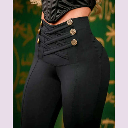 Women's Pants High Waist Trousers 2023 Button Decoration Office Solid Color Elegant Hip Lifting Leggings Skinny Pencil Pants