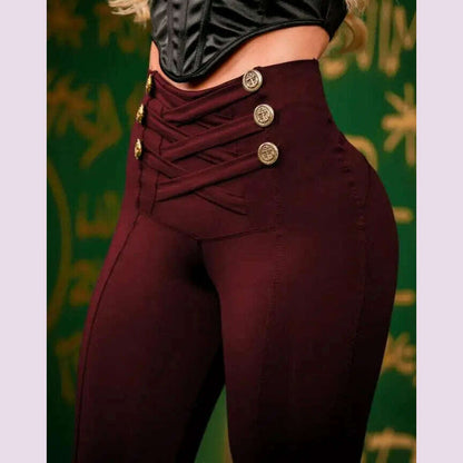 Women's Pants High Waist Trousers 2023 Button Decoration Office Solid Color Elegant Hip Lifting Leggings Skinny Pencil Pants