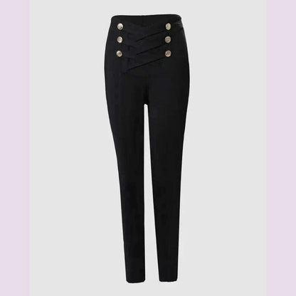 Women's Pants High Waist Trousers 2023 Button Decoration Office Solid Color Elegant Hip Lifting Leggings Skinny Pencil Pants