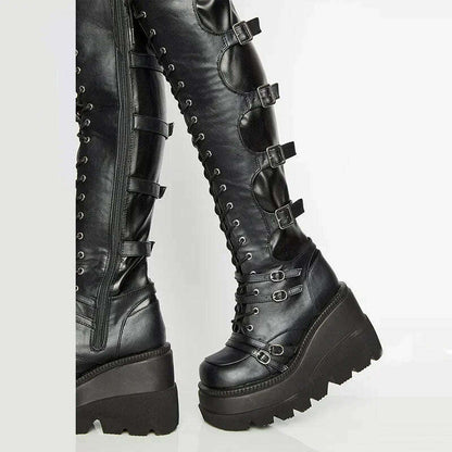 Women's Punk Over-the-Knee Boots: Platform Heels with Belt Buckle, Thigh High Goth Motorcycle Flat Boots in Plus Sizes