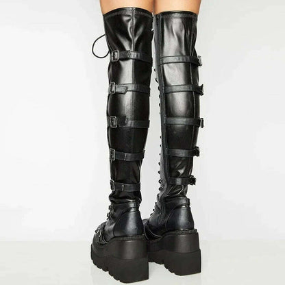 Women's Punk Over-the-Knee Boots: Platform Heels with Belt Buckle, Thigh High Goth Motorcycle Flat Boots in Plus Sizes