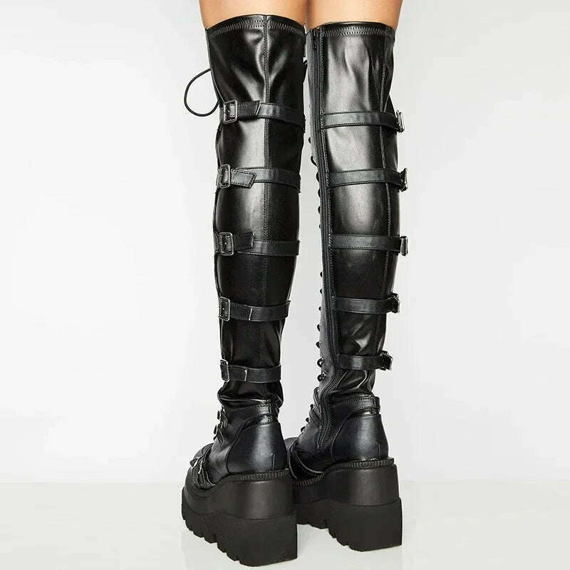 Women's Punk Over-the-Knee Boots: Platform Heels with Belt Buckle, Thigh High Goth Motorcycle Flat Boots in Plus Sizes