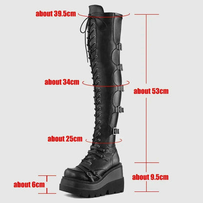 Women's Punk Over-the-Knee Boots: Platform Heels with Belt Buckle, Thigh High Goth Motorcycle Flat Boots in Plus Sizes