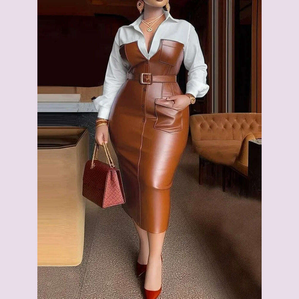 Womens Shirt Collar Dresses New Autumn Buttons Long Sleeve PU Leather Patchwork Pocket Skinny Belted Lapel Female Midi Dress