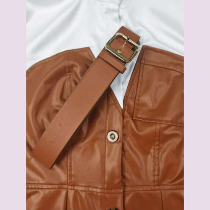 Womens Shirt Collar Dresses New Autumn Buttons Long Sleeve PU Leather Patchwork Pocket Skinny Belted Lapel Female Midi Dress