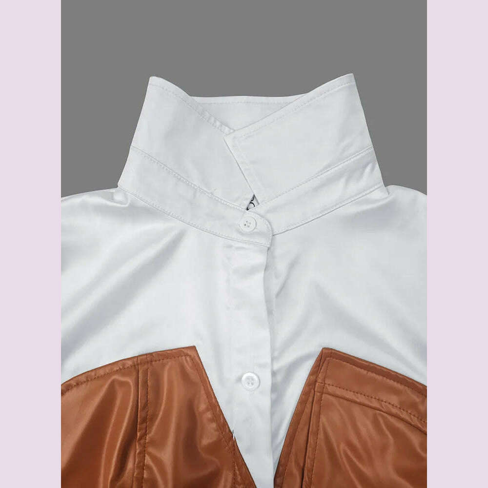 Womens Shirt Collar Dresses New Autumn Buttons Long Sleeve PU Leather Patchwork Pocket Skinny Belted Lapel Female Midi Dress