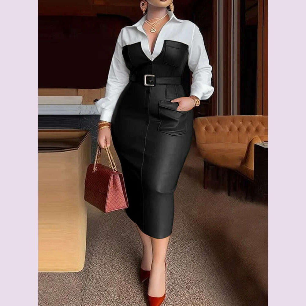 Womens Shirt Collar Dresses New Autumn Buttons Long Sleeve PU Leather Patchwork Pocket Skinny Belted Lapel Female Midi Dress
