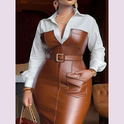 Womens Shirt Collar Dresses New Autumn Buttons Long Sleeve PU Leather Patchwork Pocket Skinny Belted Lapel Female Midi Dress