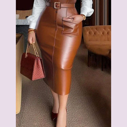 Womens Shirt Collar Dresses New Autumn Buttons Long Sleeve PU Leather Patchwork Pocket Skinny Belted Lapel Female Midi Dress