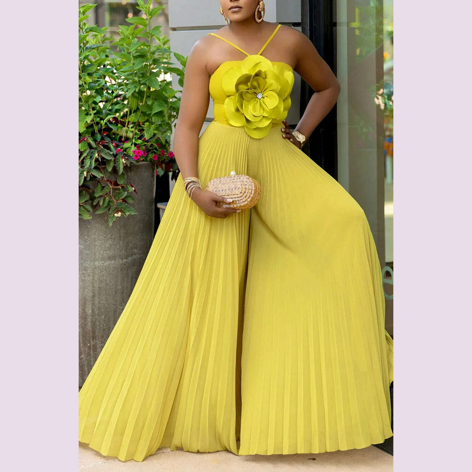 Women's Wide Leg Jumpsuit Vacation Halter Collar 3D Pleated Chiffon Pleated Spaghetti Straps Elegant Jumpsuit 2025