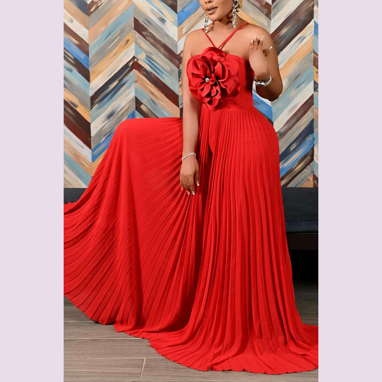 Women's Wide Leg Jumpsuit Vacation Halter Collar 3D Pleated Chiffon Pleated Spaghetti Straps Elegant Jumpsuit 2025