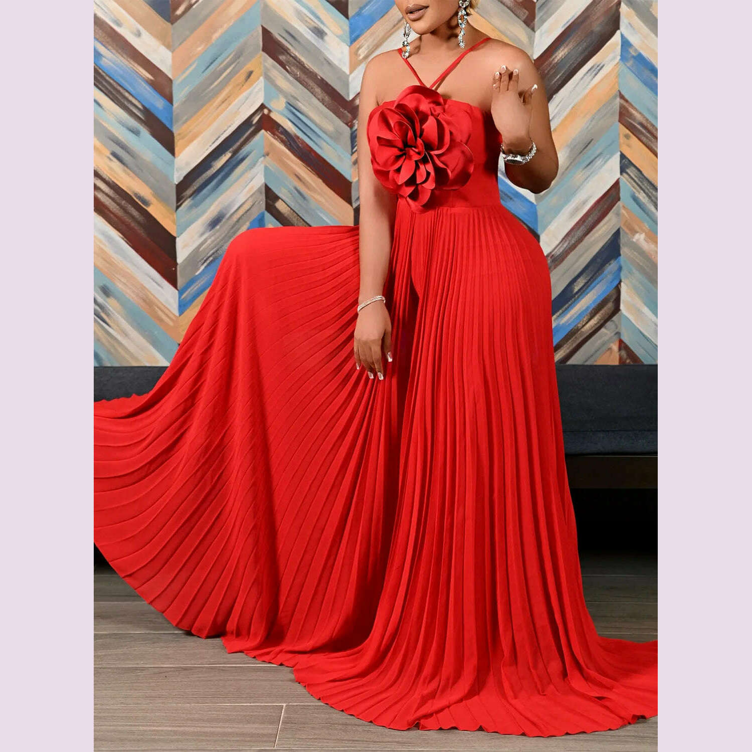 Women's Wide Leg Jumpsuit Vacation Halter Collar 3D Pleated Chiffon Pleated Spaghetti Straps Elegant Jumpsuit 2025