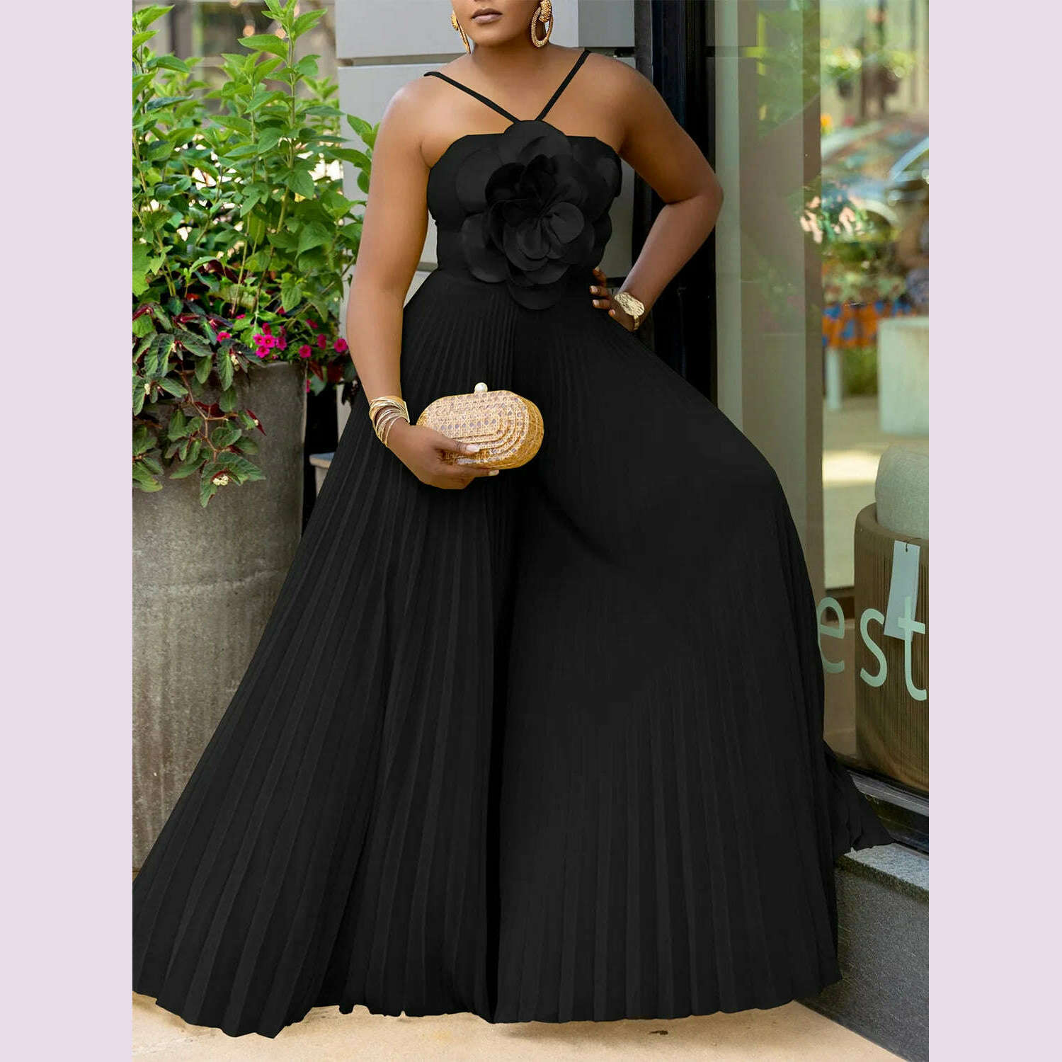 Women's Wide Leg Jumpsuit Vacation Halter Collar 3D Pleated Chiffon Pleated Spaghetti Straps Elegant Jumpsuit 2025