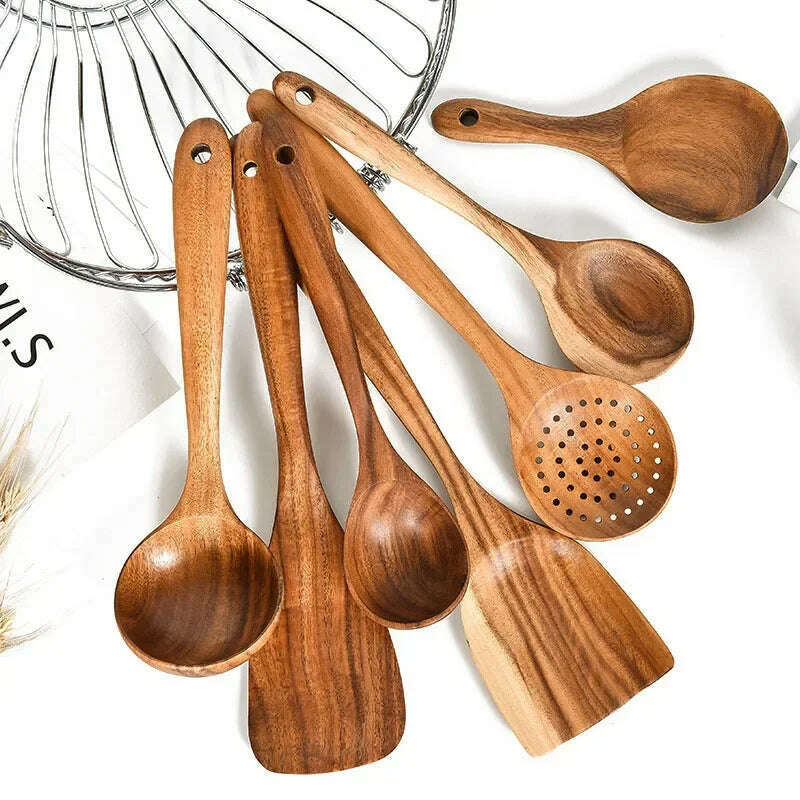 Wooden Kitchen Spoon Long Rice Colander Soup Skimmer Cooking Soup Spoons Scoop Kitchen Tool Thailand Teak Natural Wood