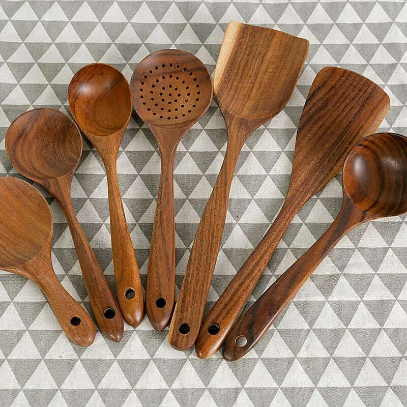 Wooden Kitchen Spoon Long Rice Colander Soup Skimmer Cooking Soup Spoons Scoop Kitchen Tool Thailand Teak Natural Wood
