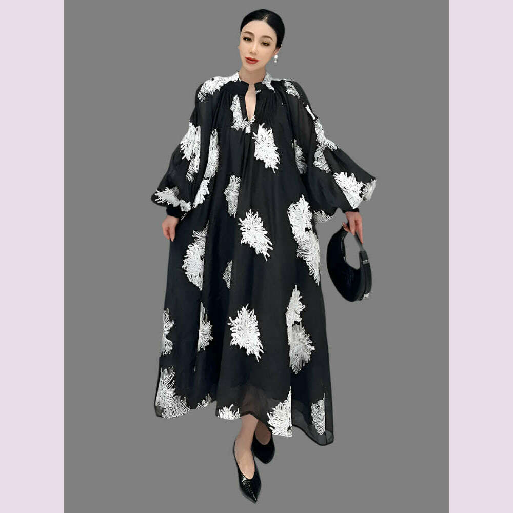 XITAO Loose Print Dress Fashion Temperament Elegant Goddess Fan Women Autumn New Arrival V-neck Appear Thin Dress HQQ1452