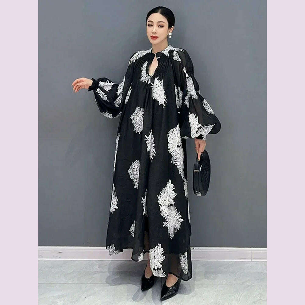 XITAO Loose Print Dress Fashion Temperament Elegant Goddess Fan Women Autumn New Arrival V-neck Appear Thin Dress HQQ1452
