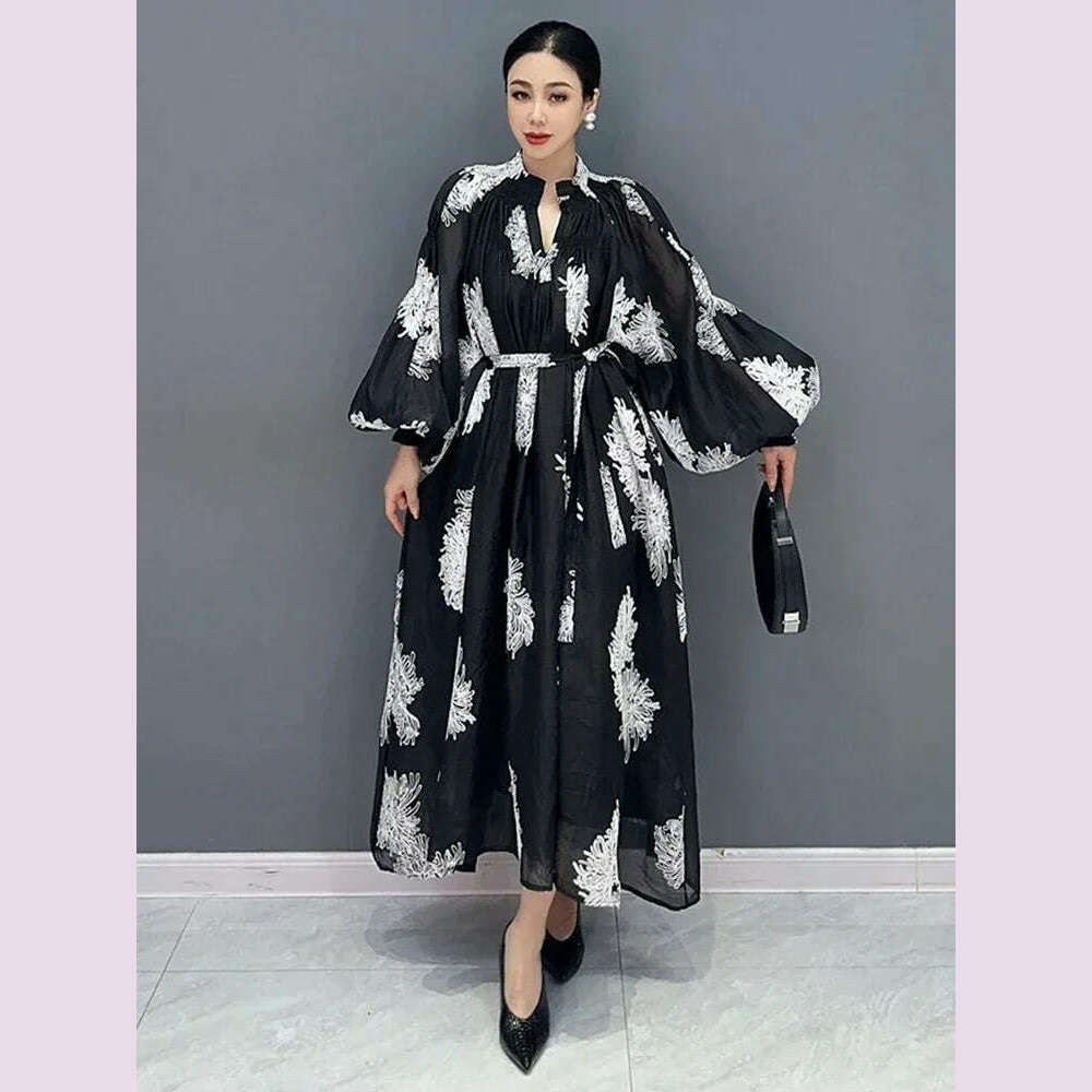 XITAO Loose Print Dress Fashion Temperament Elegant Goddess Fan Women Autumn New Arrival V-neck Appear Thin Dress HQQ1452