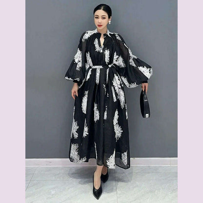 XITAO Loose Print Dress Fashion Temperament Elegant Goddess Fan Women Autumn New Arrival V-neck Appear Thin Dress HQQ1452