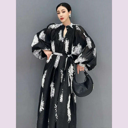 XITAO Loose Print Dress Fashion Temperament Elegant Goddess Fan Women Autumn New Arrival V-neck Appear Thin Dress HQQ1452