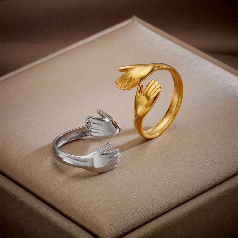 XIYANIKE 316L Stainless Steel Rings Hands Hug Opening for Woman Couple Simple Creative Trendy Design Punk Gifts Birthday Jewelry
