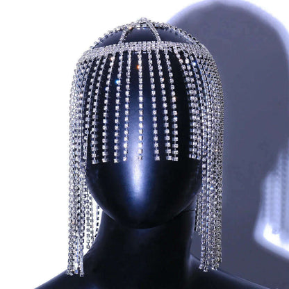 XSBODY Flash Long Tassel Hair Chain Rhinestone Head Chain for Women Nightclub Crystal Headband Hat Bridal Headpiece Jewelry