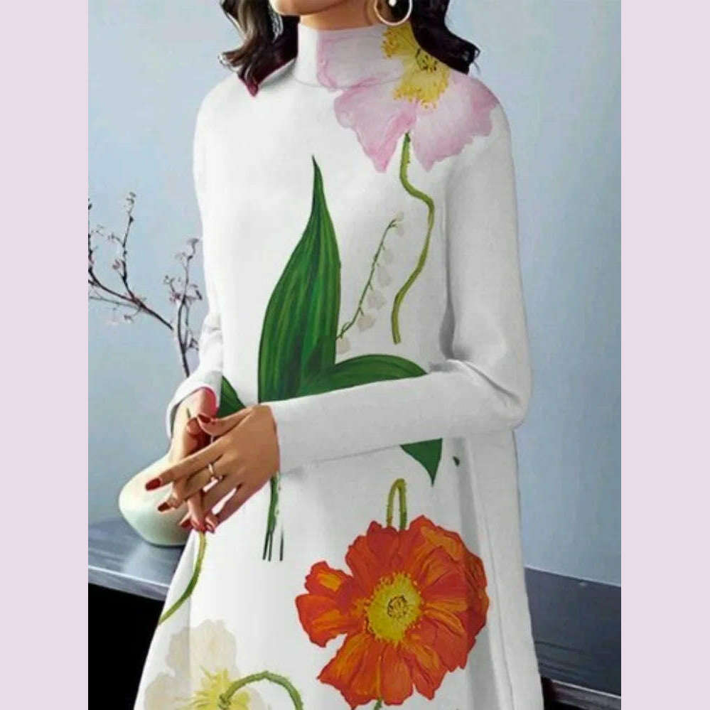 Yeezzi 2024 New Spring Autumn Long Sleeves High Neck A-line Dress Women Loose Flower Printed Elegant Party Evening Midi Dresses