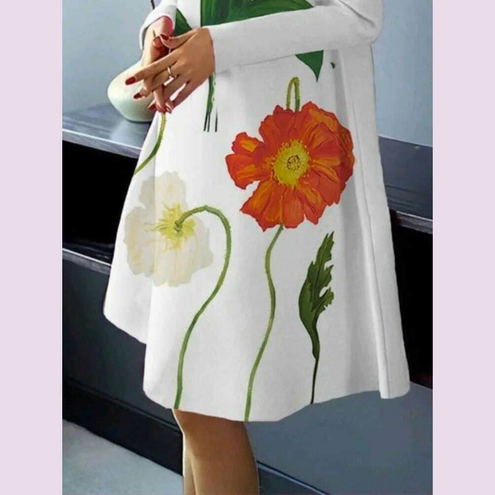 Yeezzi 2024 New Spring Autumn Long Sleeves High Neck A-line Dress Women Loose Flower Printed Elegant Party Evening Midi Dresses