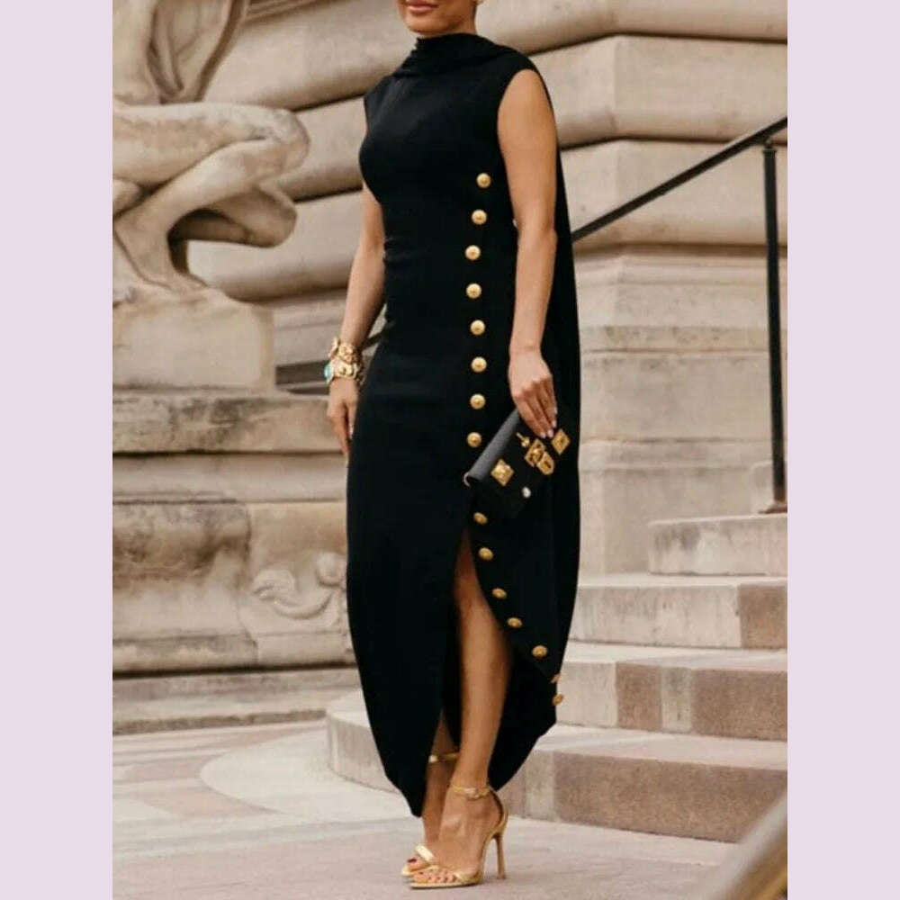 Yeezzi Urban Lady Fashion Shawl Collar Elegant Evening A-line Dress 2025 Summer Sleeveless Split-Side Buttons Vintage Dresses