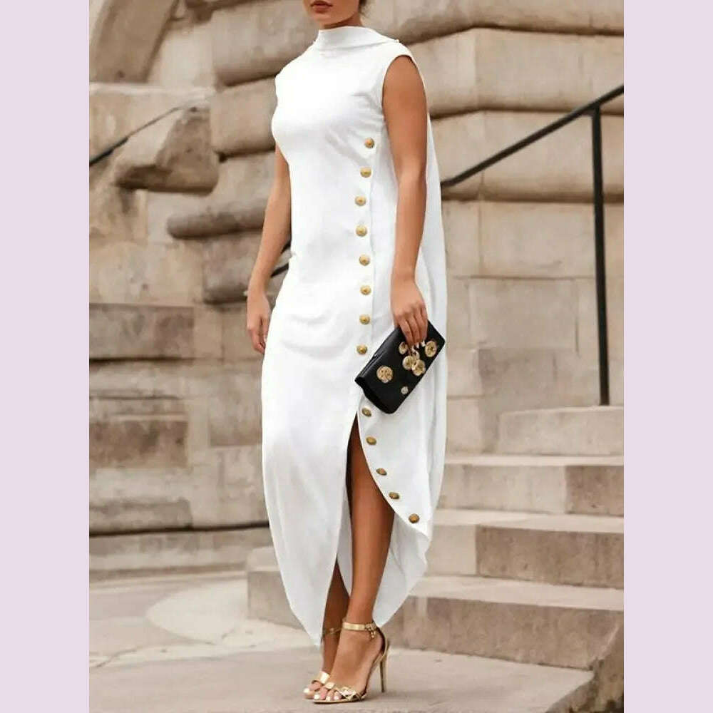 Yeezzi Urban Lady Fashion Shawl Collar Elegant Evening A-line Dress 2025 Summer Sleeveless Split-Side Buttons Vintage Dresses