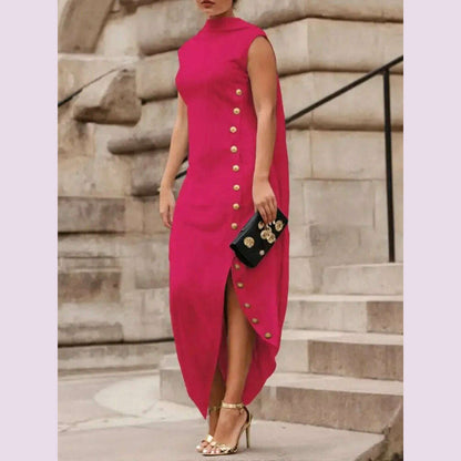Yeezzi Urban Lady Fashion Shawl Collar Elegant Evening A-line Dress 2025 Summer Sleeveless Split-Side Buttons Vintage Dresses