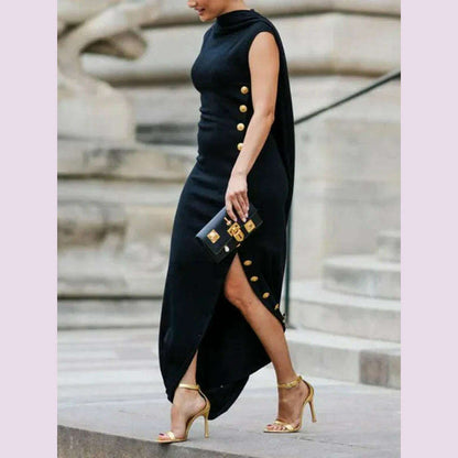 Yeezzi Urban Lady Fashion Shawl Collar Elegant Evening A-line Dress 2025 Summer Sleeveless Split-Side Buttons Vintage Dresses