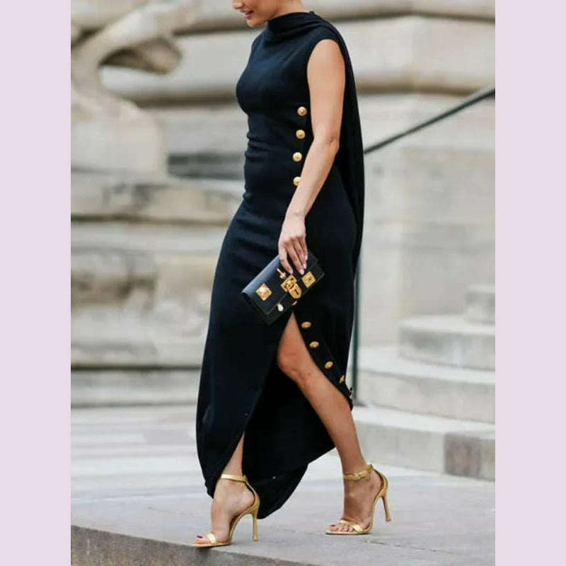 Yeezzi Urban Lady Fashion Shawl Collar Elegant Evening A-line Dress 2025 Summer Sleeveless Split-Side Buttons Vintage Dresses