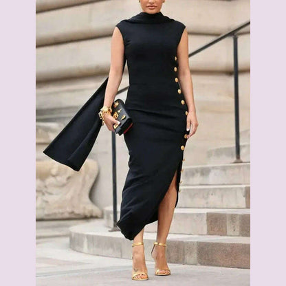 Yeezzi Urban Lady Fashion Shawl Collar Elegant Evening A-line Dress 2025 Summer Sleeveless Split-Side Buttons Vintage Dresses