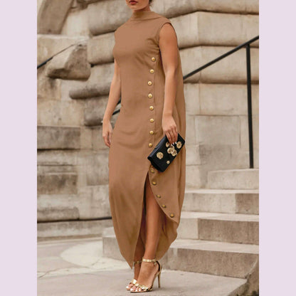 Yeezzi Urban Lady Fashion Shawl Collar Elegant Evening A-line Dress 2025 Summer Sleeveless Split-Side Buttons Vintage Dresses
