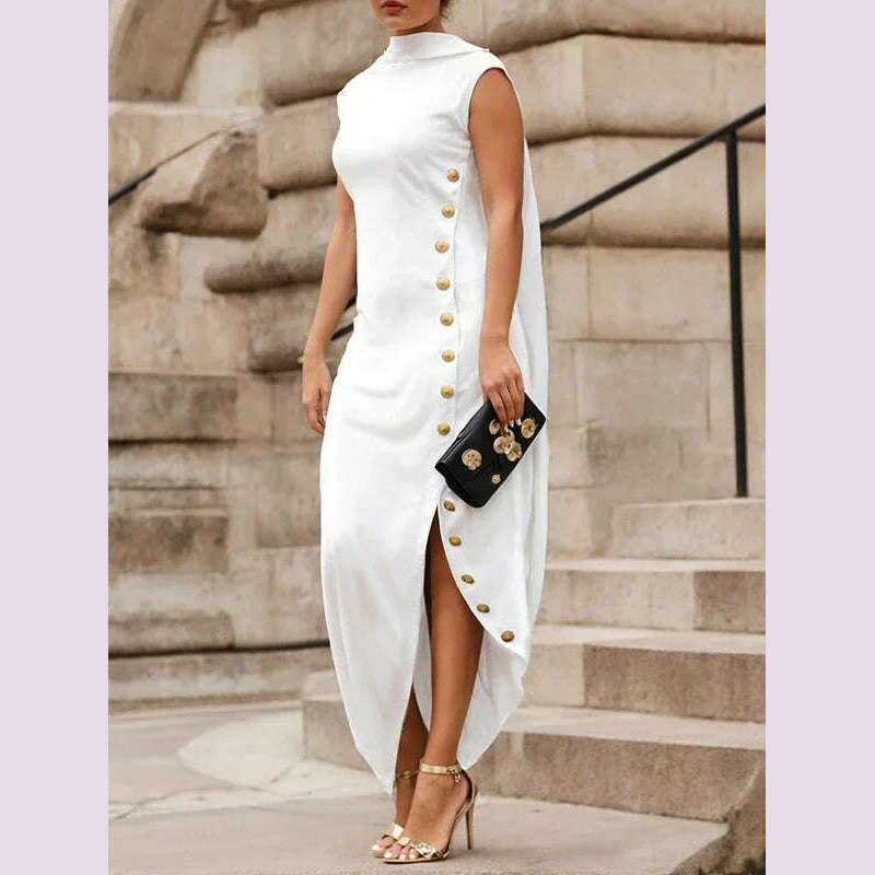 Yeezzi Urban Lady Fashion Shawl Collar Elegant Evening A-line Dress 2025 Summer Sleeveless Split-Side Buttons Vintage Dresses