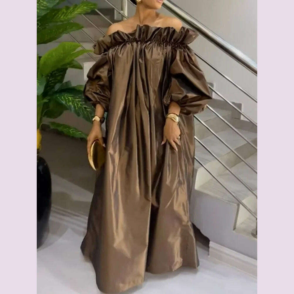 Yeezzi Women Fashion Falbala Elegant Evening Maxi Dresses 2025 New Spring Puff Sleeves Pleated Off-The-Shoulder Party Prom Dress