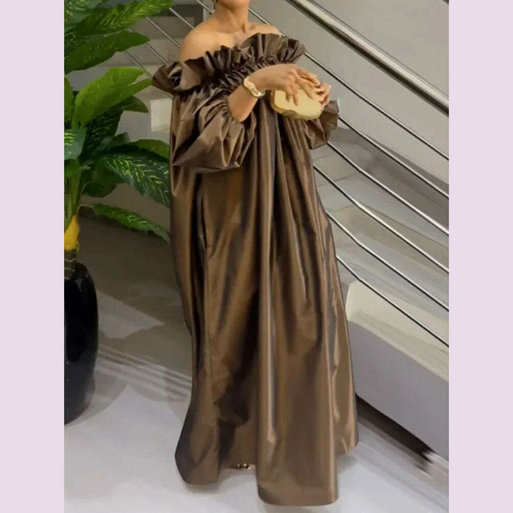 Yeezzi Women Fashion Falbala Elegant Evening Maxi Dresses 2025 New Spring Puff Sleeves Pleated Off-The-Shoulder Party Prom Dress
