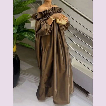 Yeezzi Women Fashion Falbala Elegant Evening Maxi Dresses 2025 New Spring Puff Sleeves Pleated Off-The-Shoulder Party Prom Dress