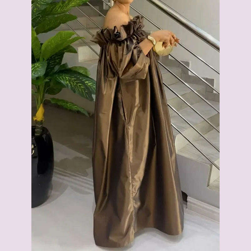Yeezzi Women Fashion Falbala Elegant Evening Maxi Dresses 2025 New Spring Puff Sleeves Pleated Off-The-Shoulder Party Prom Dress