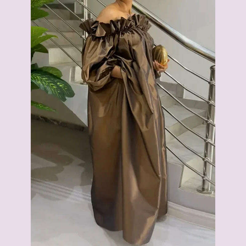 Yeezzi Women Fashion Falbala Elegant Evening Maxi Dresses 2025 New Spring Puff Sleeves Pleated Off-The-Shoulder Party Prom Dress