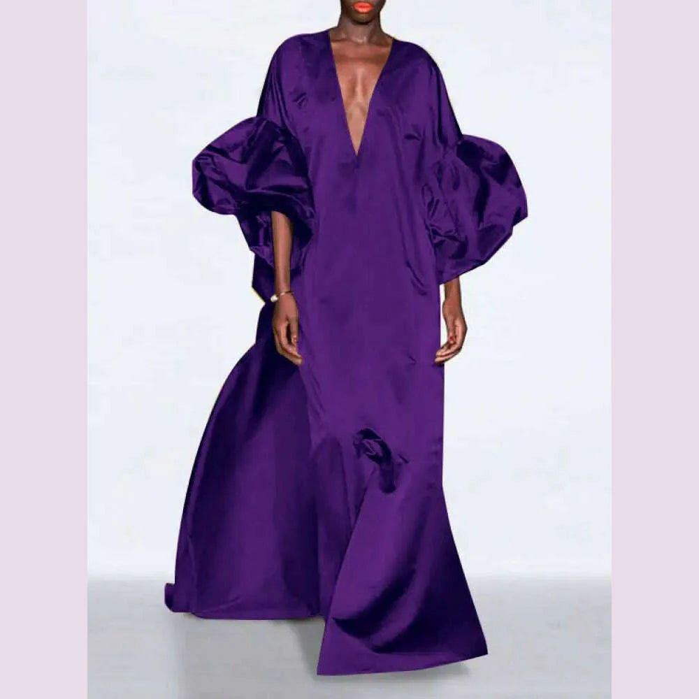 Yeezzi Women Fashion Solid Color Elegant Party Evening Maxi Dresses 2024 Spring Puff Sleeves V-neck Loose Casual Long Dress Robe