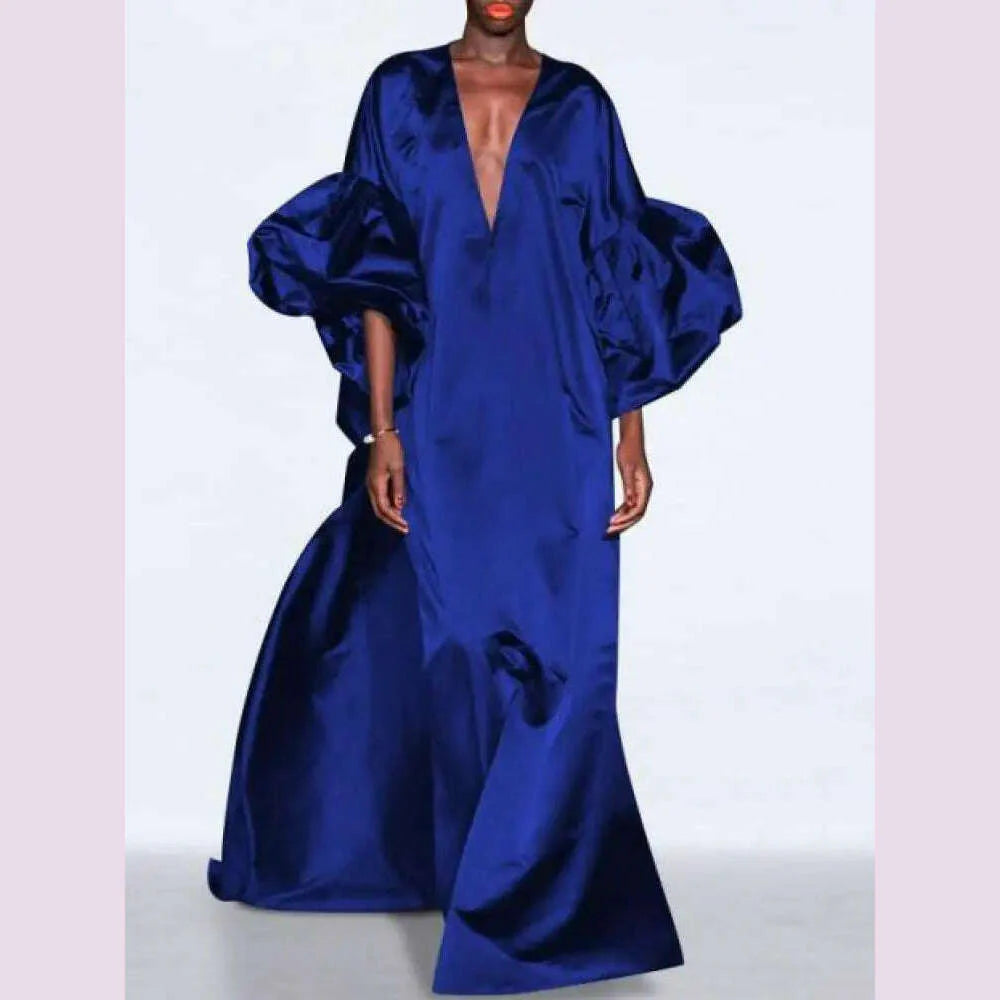 Yeezzi Women Fashion Solid Color Elegant Party Evening Maxi Dresses 2024 Spring Puff Sleeves V-neck Loose Casual Long Dress Robe