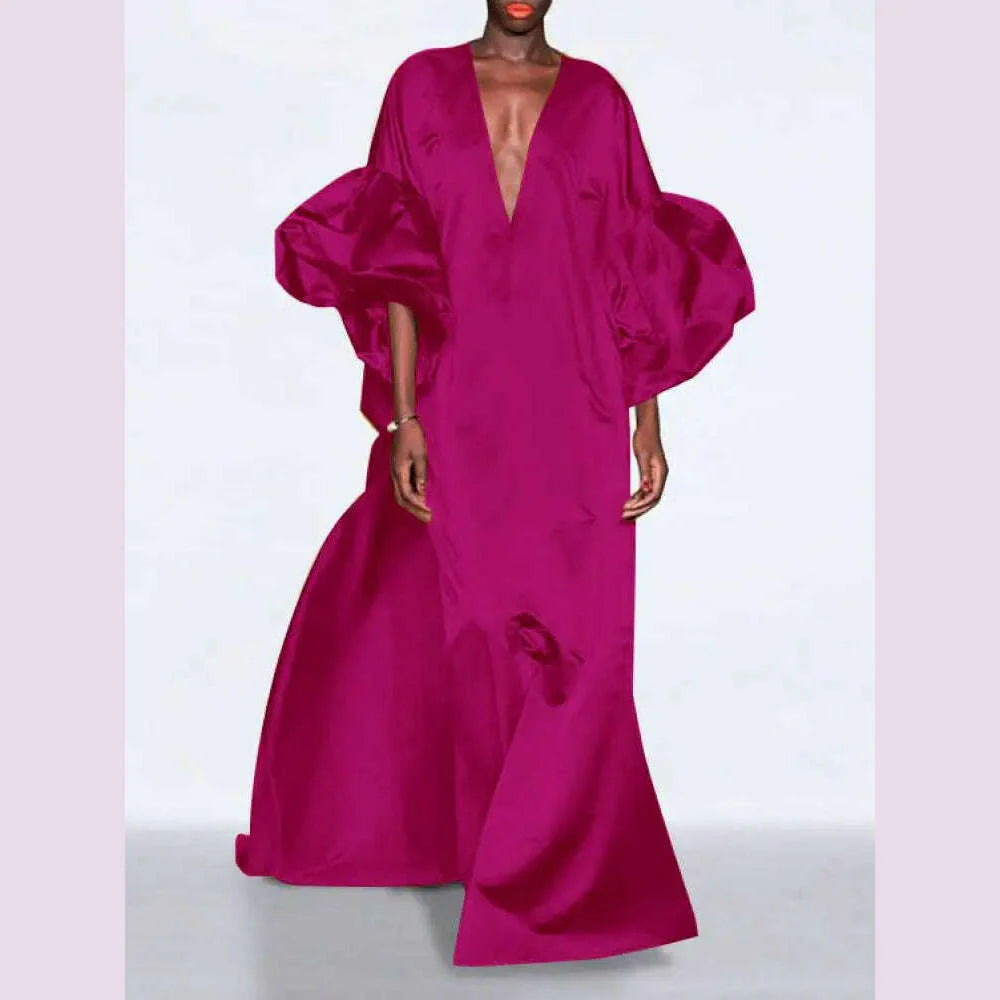 Yeezzi Women Fashion Solid Color Elegant Party Evening Maxi Dresses 2024 Spring Puff Sleeves V-neck Loose Casual Long Dress Robe