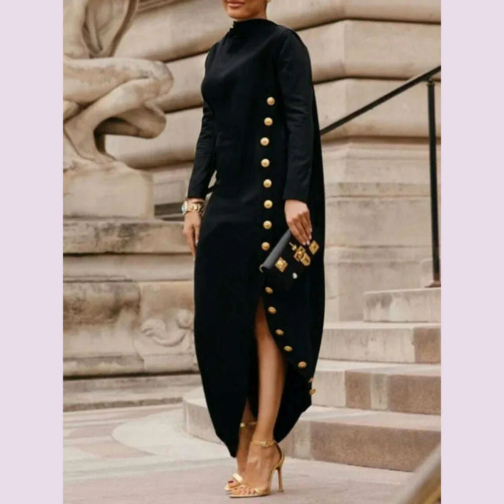 Yeezzi Women's Fashion Buttoned Split-Side High Neck Black Dress 2024 New Long Sleeves Loose Urban Office Commute Maxi Dresses