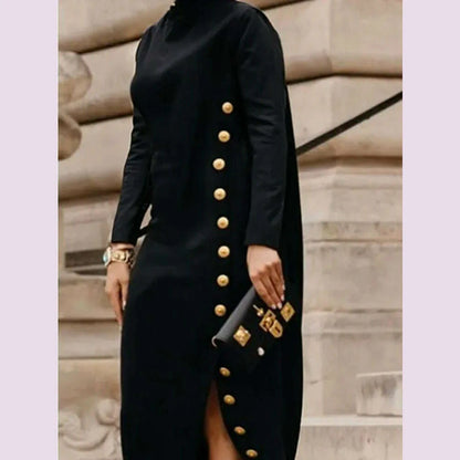 Yeezzi Women's Fashion Buttoned Split-Side High Neck Black Dress 2024 New Long Sleeves Loose Urban Office Commute Maxi Dresses