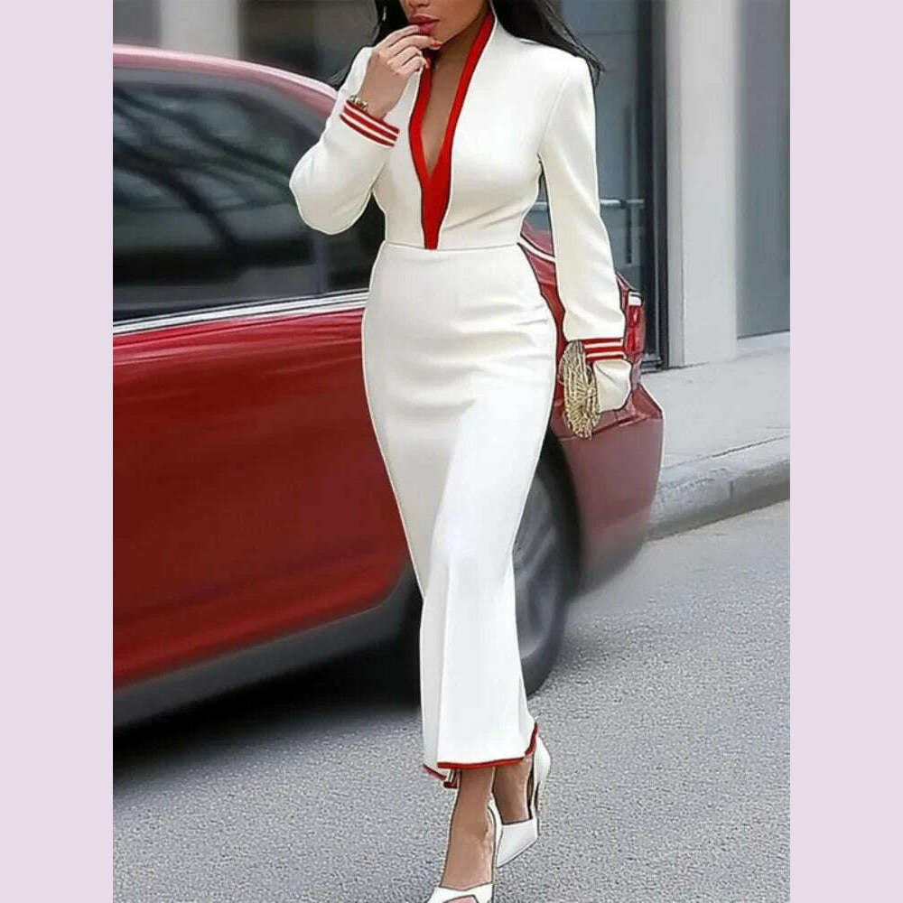 Yeezzi Women's Fashion Contrast Color Deep V-Neck Evening Maxi Dresses 2025 New Autumn Long Sleeves Sexy Prom Party A-line Dress
